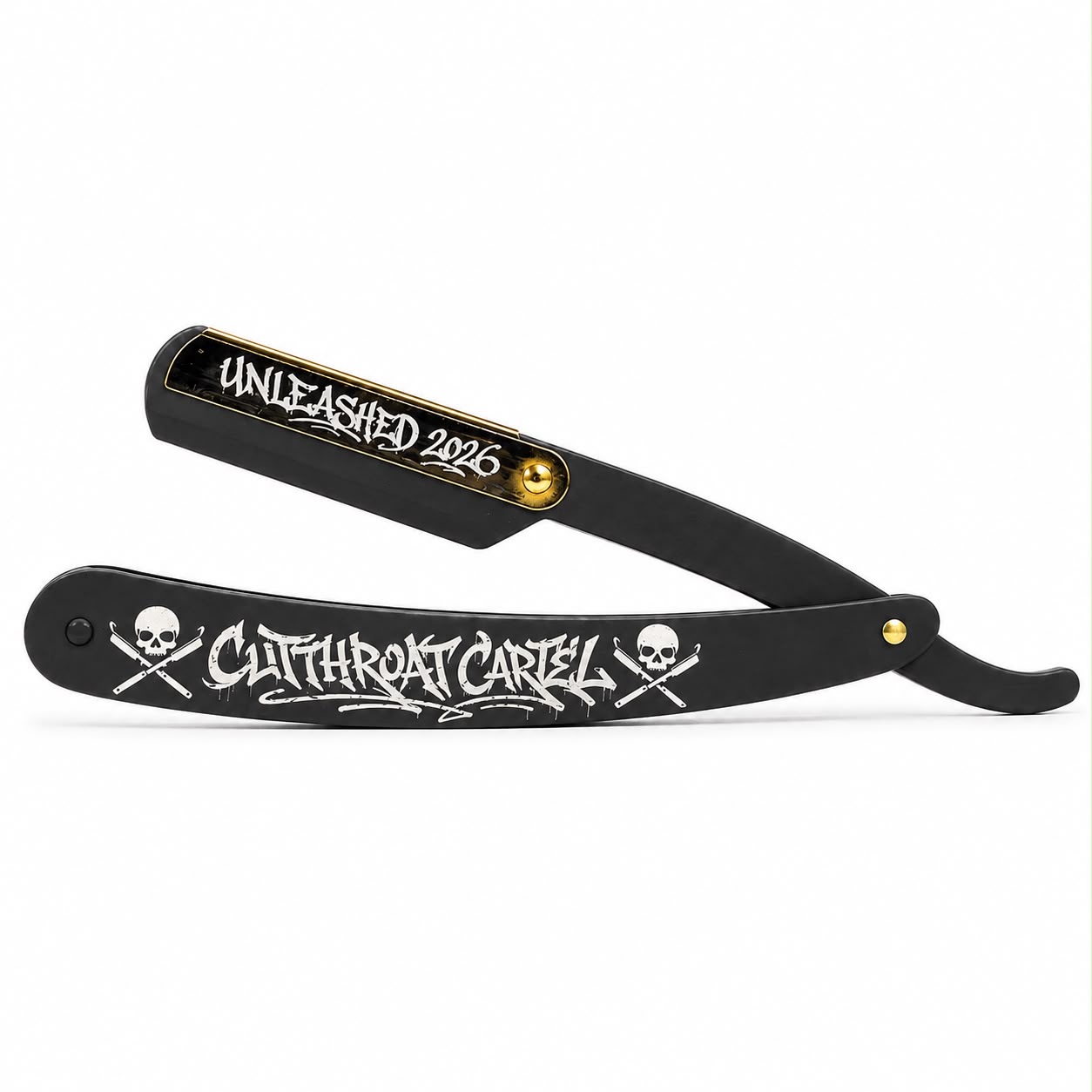 Open Cutthroat Cartel Black and Gold folding barber razor with Unleashed 2026 engraving.