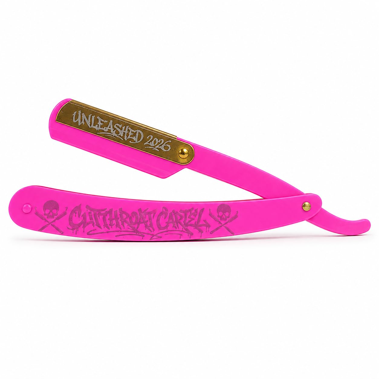 Open Cutthroat Cartel Pink and Gold folding barber razor.