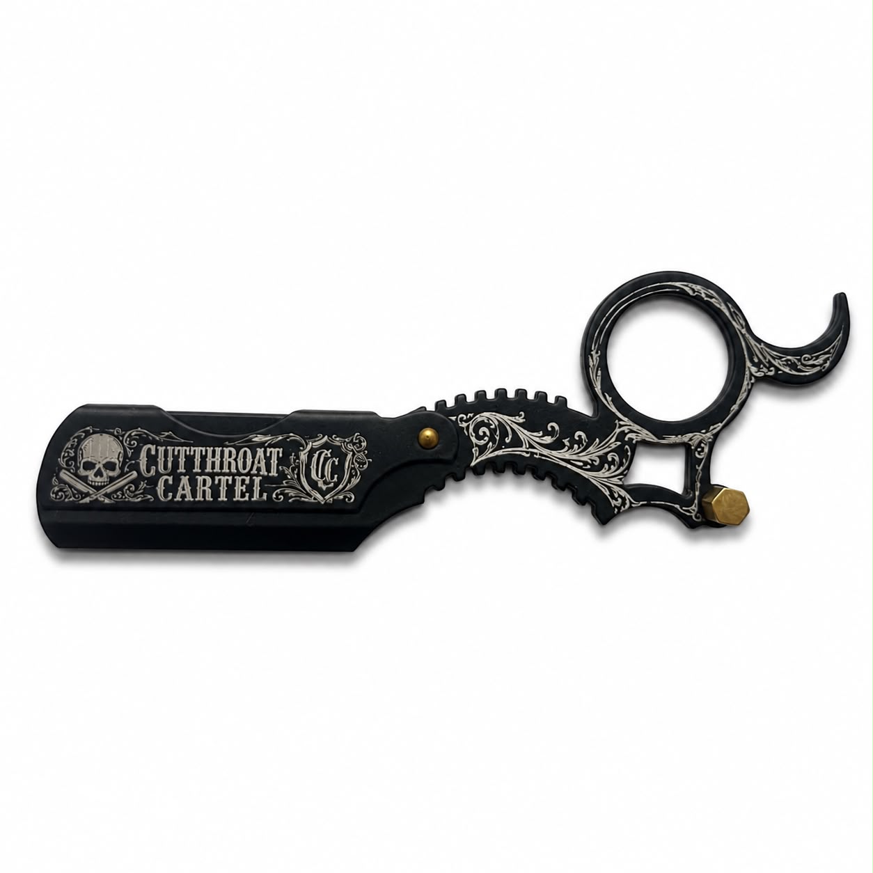 Cutthroat Cartel ring-handle folding barber razor in black, gold and white.