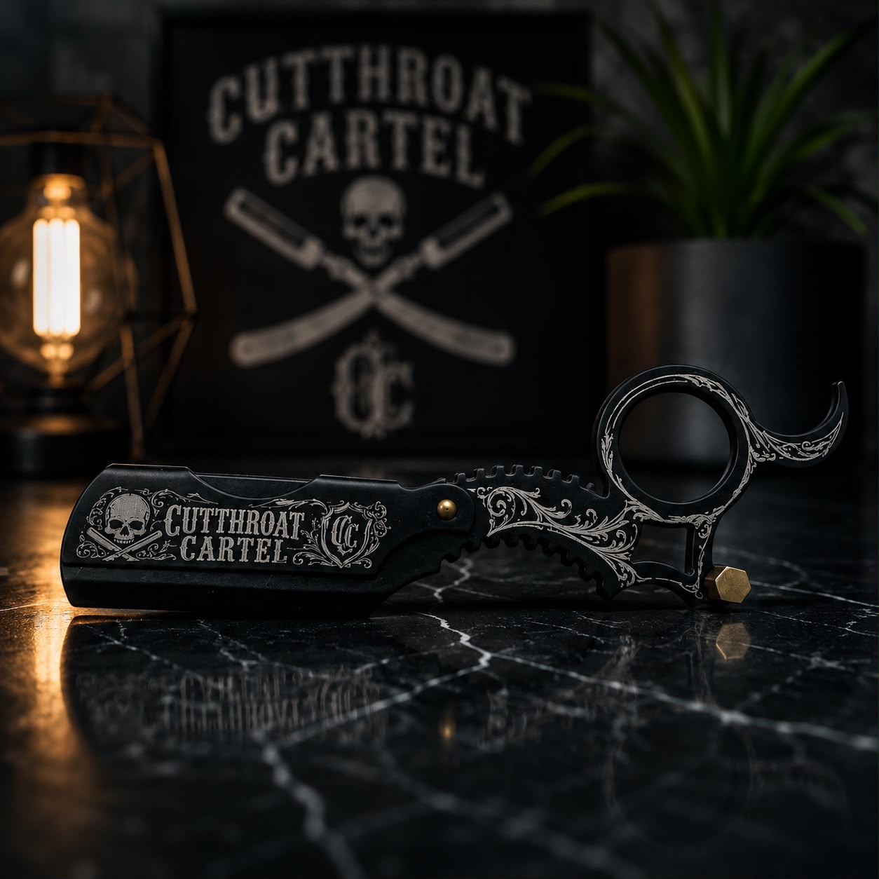 A close product portrait of the Gold Ring-Handle Razor beside a Cutthroat Cartel sign.